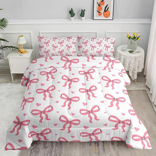 Pink Bowknot Comforter for Girls,3 Pieces Princess Bowknot Bedding Full Size,Kawaii Bow-tie Bed Set for Kids Women,Pink Cute Bow Bedding,Girls Bedroom Comforter Set 1 Quilt 2 Pillowcases
