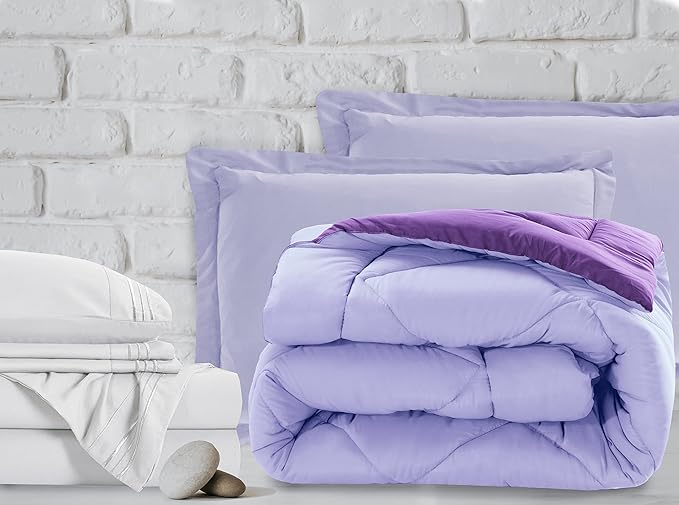 Elegant Comfort 7-Piece Bed-in-a-Bag Comforter & Sheet Set - Luxury 1500 Thread Count Split King Size, Cozy Sheets and Comforter, Wrinkle and Stain Resistant, Lilac/Purple