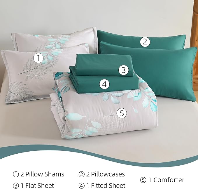 Anibedding Teal Green Floral Comforter Set Queen, 7 Piece Green Botanical Gradient Leaves Ultra Soft Microfiber Down Alternative Bedding Set with Sheets and Bedroom for All Season