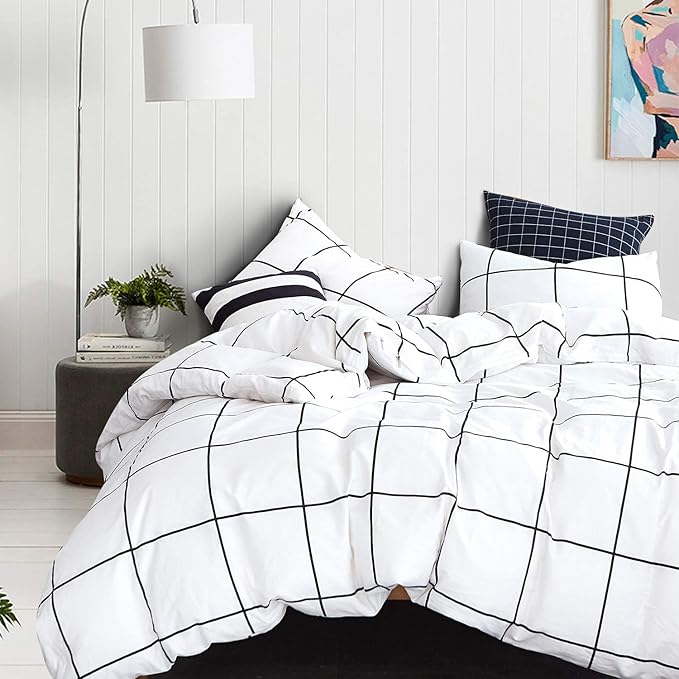 Houseri Black and White Plaid Comforter Set Full White Buffalo Checkered Bedding Comforter Full Size for Teen Boys Girls White Grid Comforter Preppy Gingham Geometric College Dorm Bed Comforters Full