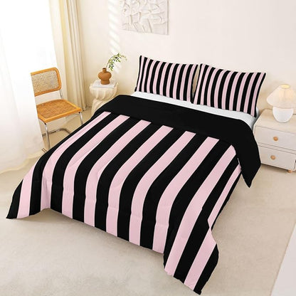 Erosebridal Pink and Black Striped Comforter Set King Size Simple Vertical Stripes Bedding Set Cute Retro Vintage Stripe Bed Collections Modern Abstract Minimalist Aesthetic Duvet Insert