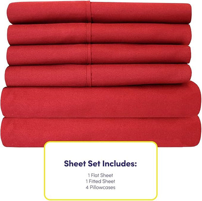 Queen Sheets Red - 6 Piece 1500 Supreme Collection Fine Brushed Microfiber Deep Pocket Queen Sheet Set Bedding - 2 Extra Pillow Cases, Great Value, Queen, Samba Red