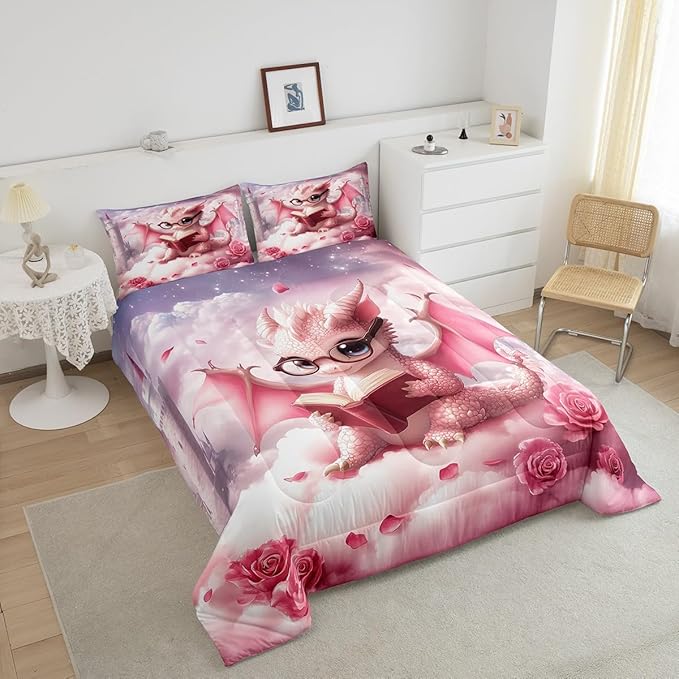 Kawaii Dragon Comforter Set Full Size for Kids Western Magical Animal Bedding Sets All Season Pink Rose Flower Castle Quilt Set Bedroom Decor Dreamy Gradient Sky Down Comforter,3Pcs