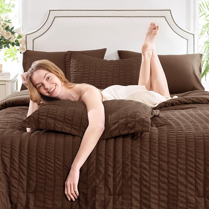 CozyLux King Size Comforter Set Brown Seersucker 7 Pieces Bed in a Bag King Comforter Set with Sheets, Luxury Soft Bedding Sets with Down Alternative Comforter, Sheets, Pillowcases & Shams All Season