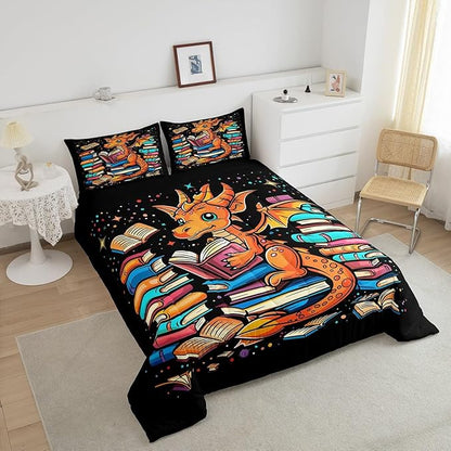 Western Dragon Comforter Set Queen Size,Glitter Star Polka Dot Bedding Set for Kids Boys Girls Room Decor,Magic Book Cartoon Animal Pattern Duvet Insert 3Pcs,Wildlife Black Quilt Set,2 Pillowcases