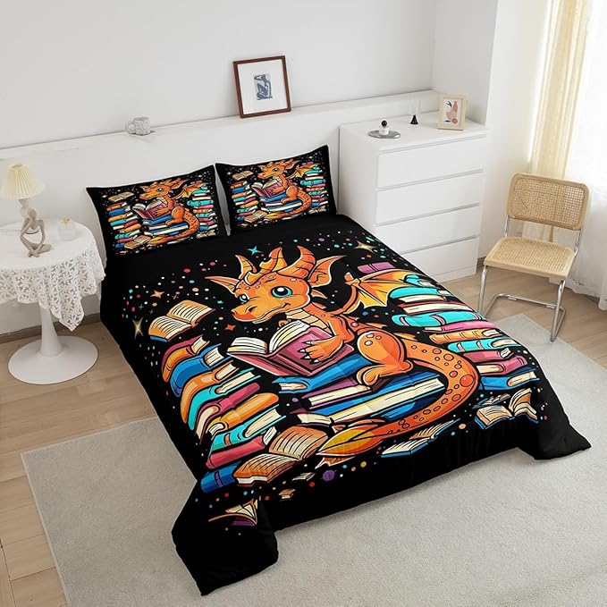 Western Dragon Bedding Set Full Size,Glitter Star Polka Dot Comforter Set for Kids Boys Girls Room Decor,Magic Book Cartoon Animal Pattern Duvet Insert 3Pcs,Wildlife Black Quilt Set,2 Pillowcases