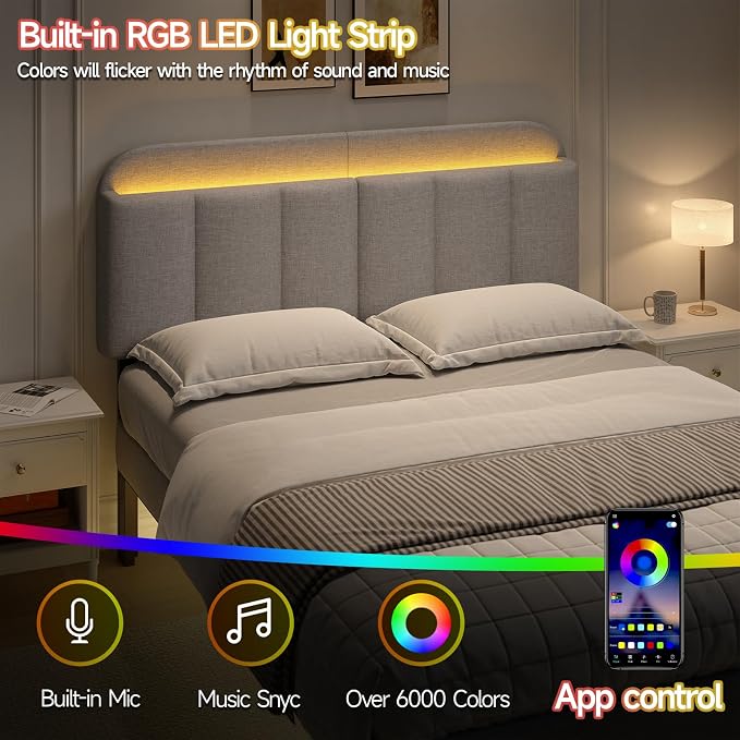 Queen Size Adjustable Headboard, Upholstered Headboard with Storage, APP Controlled LED Light, Padded Head Board Only, Sturdy Metal Foot Frame, Vertical Channel Design for Bedroom, Grey