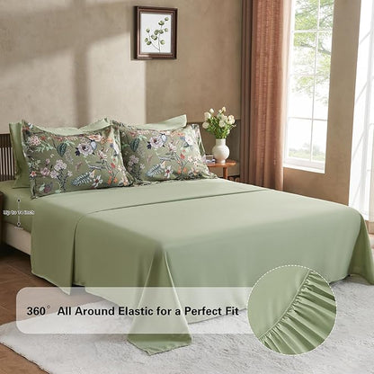 7 Piece King Comforter Set, Sage Green Butterfly Floral Comforter Set with Flowers Leaves Pattern, Soft Microfiber Complete Bedding Set for All Season(Sage Green, King)