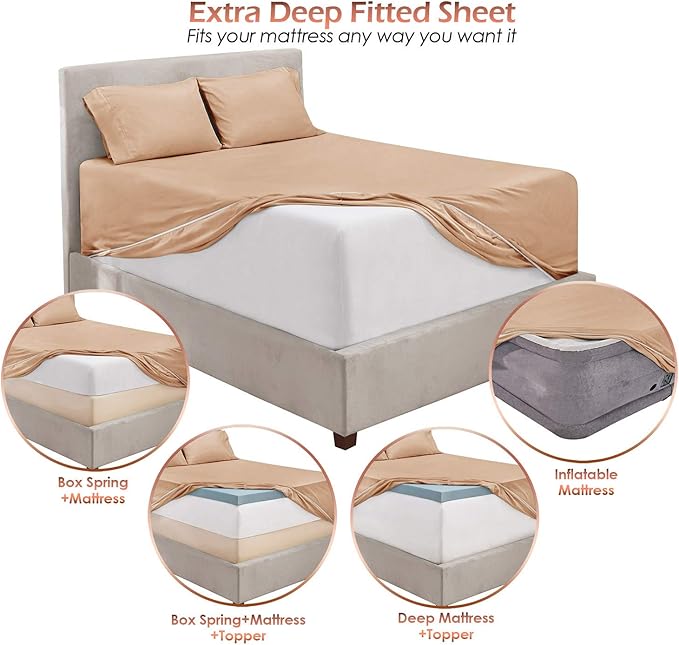 Hearth & Harbor Extra Deep Pocket Queen Sheets Sets - Fits Mattress 18-24 Inches Deep - Extra Deep Pocket Sheets - 6 Piece Queen Size - Taupe