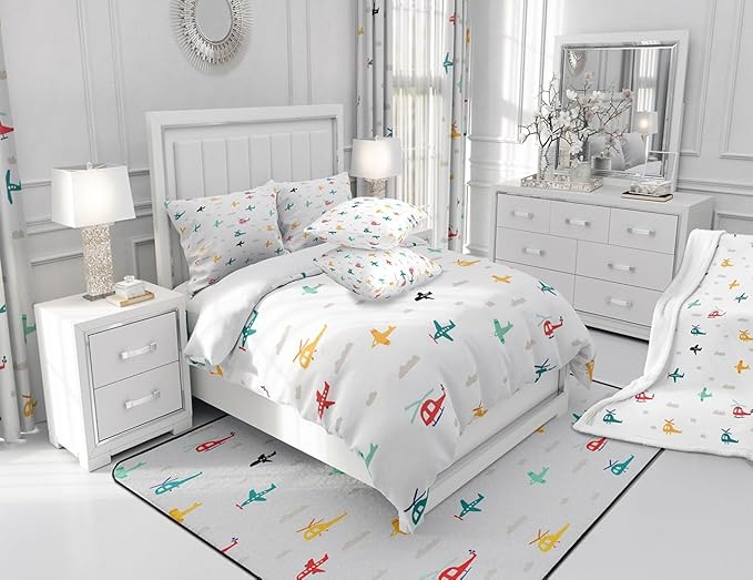 Castle Fairy Kids Aircraft Bedding Set Watercolor Transportation Vehicles Duvet Cover Set Boys Airplanes Comforter Cover Colorful Helicopter Bedroom Quilt Cover Queen with 2 Pillowcase,No Comforter