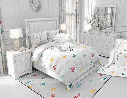 Kids Aircraft Bedding Set Watercolor Transportation Vehicles Duvet Cover Set Boys Airplanes Comforter Cover Colorful Helicopter Bedspread Cover Bedroom Quilt Cover Twin with 1 Pillowcase,No Comforter