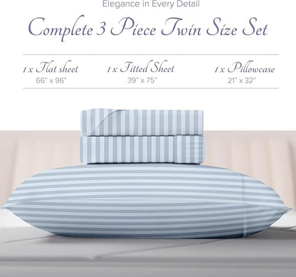 Carressa Linen Luxury Egyptian Cotton Twin Stripe Sheet Set - 600 Thread Count Extra Long Staple 3 PC Set, Light Blue Twin Damask Sheets, Soft, Cooling Sateen Weave Sheets Upto 18 in Deep Pocket