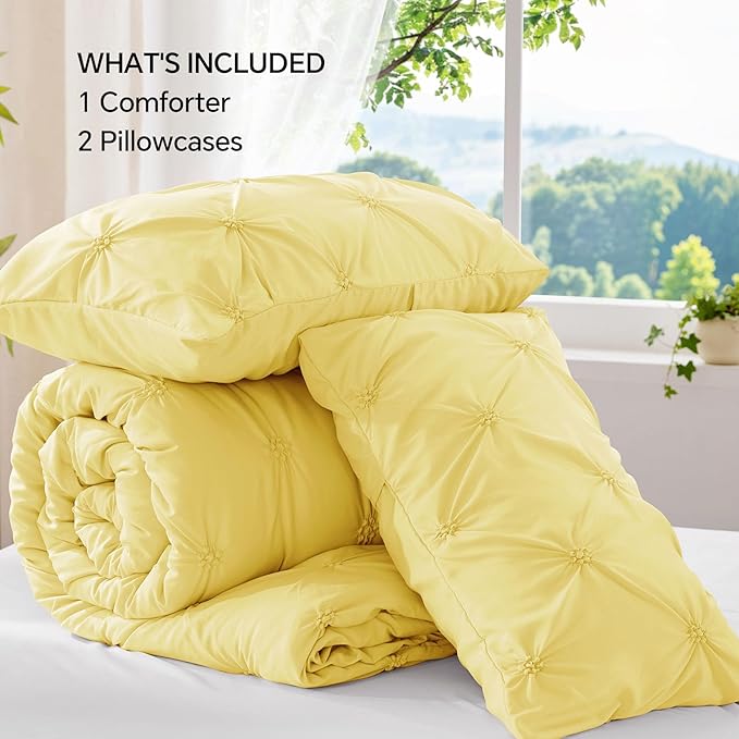 BEDELITE Light Yellow King Size Comforter Set - 3 Pieces Boho Pintuck Bedding Comforter Sets, Lightweight Soft & Warm King Bedding Set with 2 Pillowcases for All Season