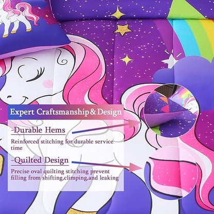 JQinHome Unicorn Full Bedding Sets for Girls Kids,8 Piece Bed in A Bag 3D Purple Rainbow Theme Unicorn Comforter Set with Sheet Set(Rainbow)