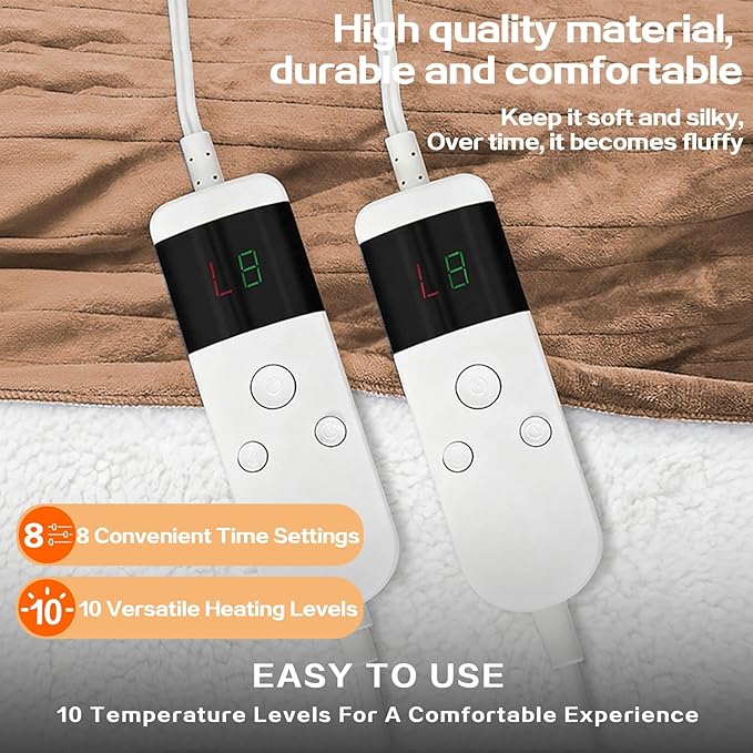 Electric Heated Blanket King Size 90''x100'' - Dual-Control Heating Blanket, Soft & Warm Flannel 10-Level Temperature Control, 8 Hours Auto Off, Rapid Heating & Overheat Protection