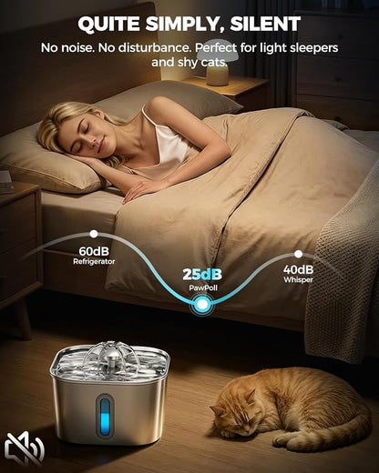 Cat Water Fountain Stainless Steel 74oz/2.2L with 6 Filters & 6 Sponges | Pet Water Dispenser-Indoor Cats Automatic Silent Fountains for Drinking-Metal Small Dog Watering Bowls-Gifts for Kitty Animal