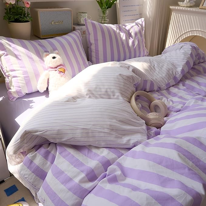EAVD Farmhouse Purple Striped Duvet Cover King Soft Washed Microfiber Pink White Vertical Striped Bedding Set with 2 Pillowcases Modern Geometric Pattern Duvet Cover with Zipper Closure