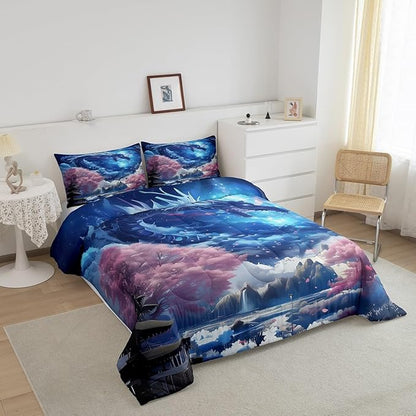 Dragon Comforter Set,Pink Cherry Blossom Printed Bedding Set Queen Size 3Pcs,Kids Boys Girls Room Decor Starry Sky Mountains Quilt Set Western Magical Style Animals Theme Duvet Insert,2 Pillowcases