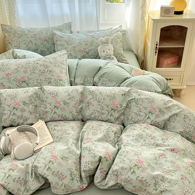 Comforter Set Queen 3 Piecess Green Pink Floral Bedding Set for Girls Kids Colorful Botanical Flower Bedding Soft Breathable Microfiber Sage Green Comforter with 2 Pillowcases