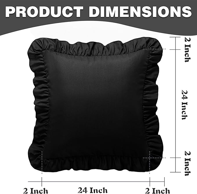 KKJIAF Ruffle Pillow Cases 24x24 Inches, Black Square Ruffled Pillow Covers Set of 2, Microfiber Wrinkle Resistant Pillow Shams with Envelope Closure for Sofa Bed Living Room