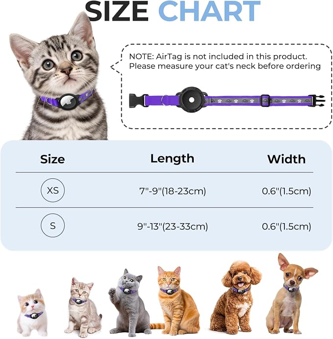 Breakaway AirTag Cat Collar, Reflective Cat Tracker Collar with Bell | Built in AirTag Holder, Adjustable 8.5-12in for Cats, Kittens and Puppies, Safety Elastic Band, Reflective for Night Walking