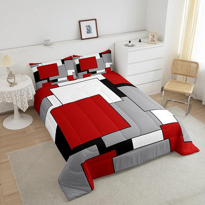 Erosebridal Red Grey Black White Comforter Set for Women Men,3D Modern Square Bedding Set Queen,Geometric Quilt Set,Square Grid Patchwork Down Comforter with 2 Pillowcases Ultra Soft