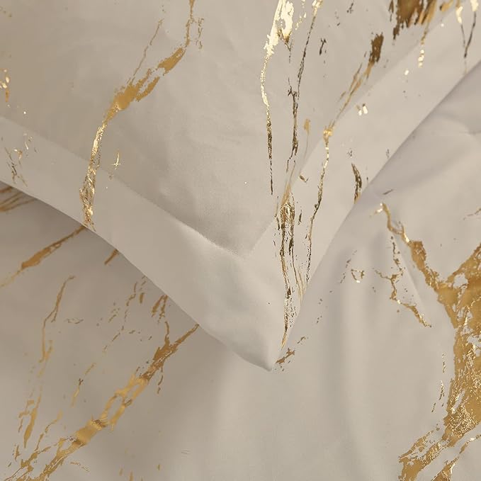 WONGS BEDDING Gold Metallic Marble Khaki Comforter Set California King Foil Print Glitter Bedding Sets with 2 Pillowcases for All Seasons, Soft Microfiber Filling Bedding Duvet Set 104"x96"