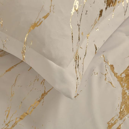 WONGS BEDDING Gold Metallic Marble Khaki Comforter Set California King Foil Print Glitter Bedding Sets with 2 Pillowcases for All Seasons, Soft Microfiber Filling Bedding Duvet Set 104"x96"