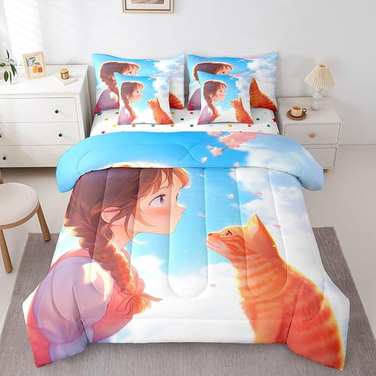 Erosebridal Japanese Anime Kids Bed in A Bag Cute Cartoon Girl Bedding Set Black Cat Animal King Comforter Set 7 Piece Romantic Aesthetic Girly Sheet Set with Comforter