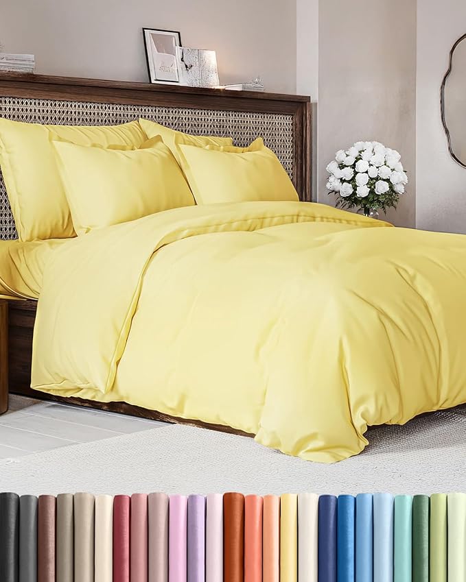 Duvet Cover Full Size Set - Extra Soft Full Duvet Cover 80" x 90" with 2 Pillow Shams - Hotel Luxury, Easy Care and Fade Free w/ Zipper Closures & Ties - All Season, Comfy, Cozy & Breathable (Yellow)