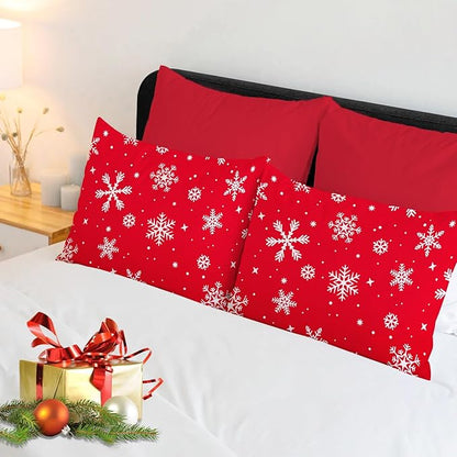 YIYEA Christmas Pillow Cases Queen Size Set of 4, Ultra Soft Double Brushed Microfiber Red Pillowcases and Christmas Snowflake Pillow Covers, Envelope Closure, Fade Resistant (20"x30")