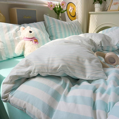 Sky Blue Striped Full Size Duvet Cover Set Soft Boho Full Comforter Cover Stripes Chic Aesthetic Farmhouse Duvet Cover with Hidden Zipper College Dorm Bedding Washed Microfiber Duvet Protector