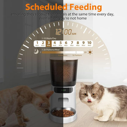 Automatic Cat Feeder WiFi, 5L Pet Feeder with App Control, 10 Meals Daily, 20 Portion Sizes, Timed Automatic Cat Food Dispenser, Stainless Steel Bowl, Dual Power Supply, Dry Food Feeder for Cats