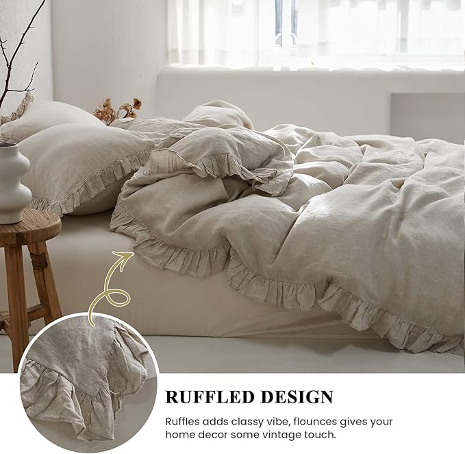 Simple&Opulence 100% Linen Duvet Cover Set, 3 PCS Natural French Flax Ruffle Duvet Cover King Size, Breathable Comfy Linen Bedding Comforter Cover with 2 Pillowcases (Natural Linen, 104" X 92")