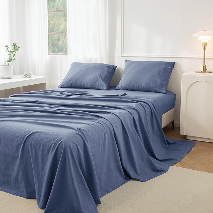JIYUAN King Size Sheet Set, 4-Piece - 100% Washed Cotton, Linen-Like Soft & Breathable, Includes Deep Pocket Fitted & Flat Sheet with 2 Pillowcases, Hotel Quality, Heathered Blue
