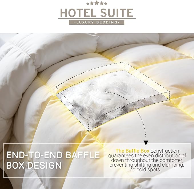 Hotel Suite Feather Down Comforter, Natural Fluffy Duvet Insert, Luxurious Hotel Collection Quilts, All Season Bedding Comforter, 100% Cotton Cover（King Size, 104 x 88 Inch, White）