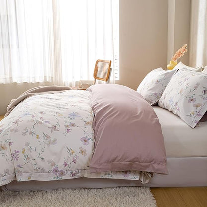 OAITE Duvet Cover Set Queen Size Floral Pattern Ultra Soft 100% Cotton Duvet Cover Sets 3-PC, Breathable Duvet Cover with Zipper Closure & Corner Ties(2 Pillow Shams,1 Duvet Cover)