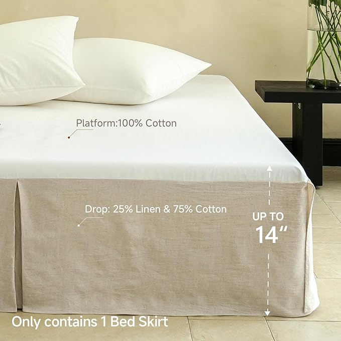 Simple&Opulence French Linen Bed Skirt with Classic 14 inch Drop Dust Ruffle, Tailored Draped Premium Natural Flax Cotton Blend Basic Dust Easy Fit Breathable Farmhouse Bedding (King, Basic Linen)