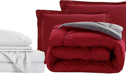 Elegant Comfort 7-Piece Bed-in-a-Bag Comforter & Sheet Set - Luxury 1500 Thread Count RV SHORT Size, Super Cozy, Wrinkle and Stain Resistant, Red/Gray