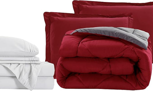 Elegant Comfort 7-Piece Bed-in-a-Bag Comforter & Sheet Set - Luxury 1500 Thread Count RV SHORT Size, Super Cozy, Wrinkle and Stain Resistant, Red/Gray