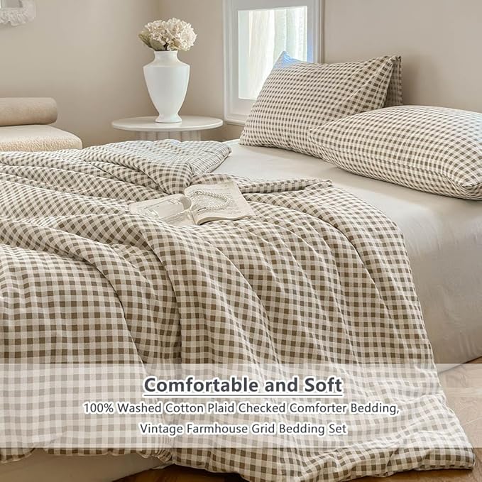 NSNLGSGC Tan Gingham Cotton Comforter Set King, 100% Washed Cotton Taupe Plaid Checked Comforter Bedding, 3 Pieces Vintage Farmhouse Grid Bedding Set(Tan Gingham, King)