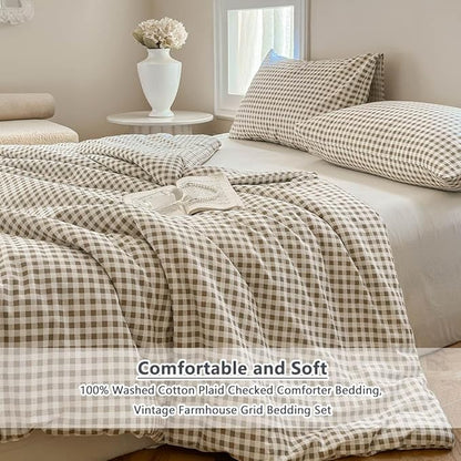 NSNLGSGC Tan Gingham Cotton Comforter Set Queen, 100% Washed Cotton Taupe Plaid Checked Comforter Bedding, 3 Pieces Vintage Farmhouse Grid Bedding Set(Tan Gingham, Queen)
