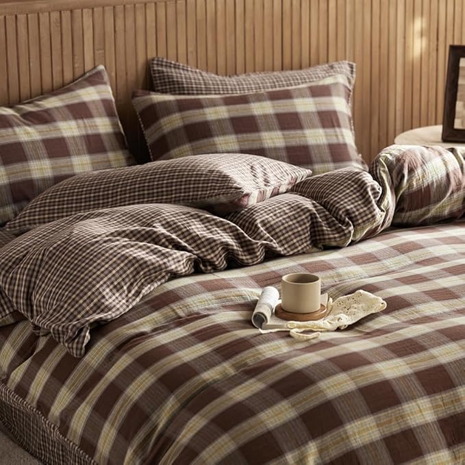 EAVD Vintage Coffee Gingham Comforter Set Full Soft 100% Muslin Cotton Chic Shabby Yellow Green Grid Checkered Pattern Bedding Set with 2 Pillowcases Reversible Farmhouse Plaid Comforter Set