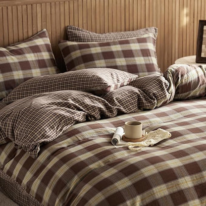 EAVD Vintage Coffee Gingham Comforter Set Twin XL Soft 100% Muslin Cotton Chic Shabby Yellow Green Grid Checkered Pattern Bedding Set with 2 Pillowcases Reversible Farmhouse Plaid Comforter Set