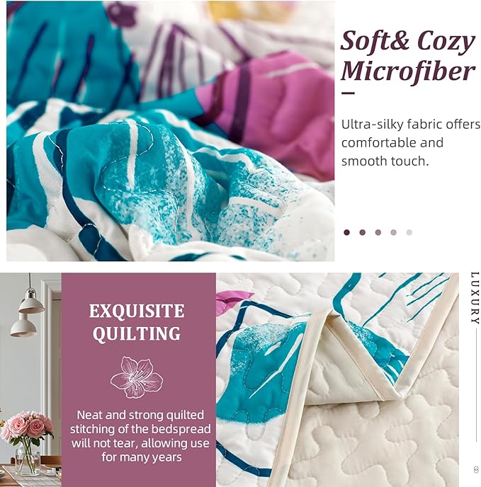 DJY Romantic Pink Teal Quilt Set Queen Size, 3 Pieces Colourful Floral Bedspread Set Bohemia Reversible Bedding Set Microfiber Lightweight Bedspread Coverlet Set for All Season 90"x96"