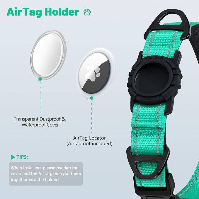 Taglory AirTag Dog Collar with Waterproof Holder for Large Dogs, Turquoise | Reflective for Night Walks & Low-Light Safety, Track Your Pup Peace of Mind, Adjustable Soft Padded, No More Dangling Tags XL
