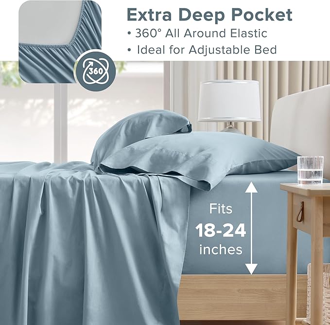 Comfort Spaces Extra Deep Pocket, 100% Cotton King Fits up to 24" Mattress, Breathable, Naturally Cool, Soft, All Seasons Sheet Set, Blue 4 Piece