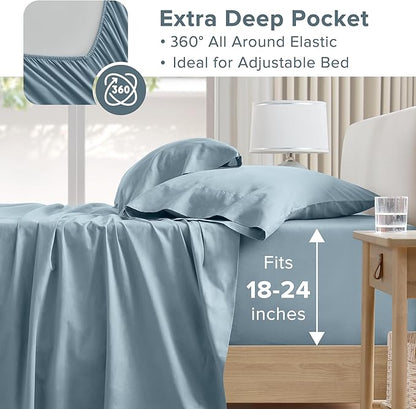 Comfort Spaces Extra Deep Pocket, 100% Cotton King Fits up to 24" Mattress, Breathable, Naturally Cool, Soft, All Seasons Sheet Set, Blue 4 Piece