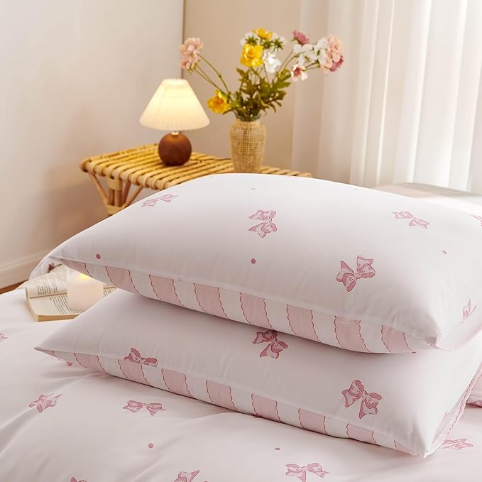 White Comforter Set Full Size - Pink Bow Quilt Bedding Set 3 Pieces, Sripes Comforter Set Full, Soft & Lightweight Comforter(79‘’ x 90‘’) for Girl All Season & 2 Pillowcases(30‘’x20‘’)