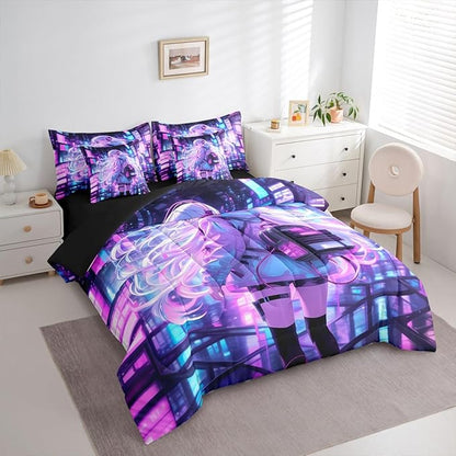 Erosebridal Japanese Girl Bed in A Bag Girly Anime Bedding Set for Kids,Sci Fi Style Gaming Full Comforter Set 7 Piece Room Decor,3D Cartoon Anime Girl Bed Set